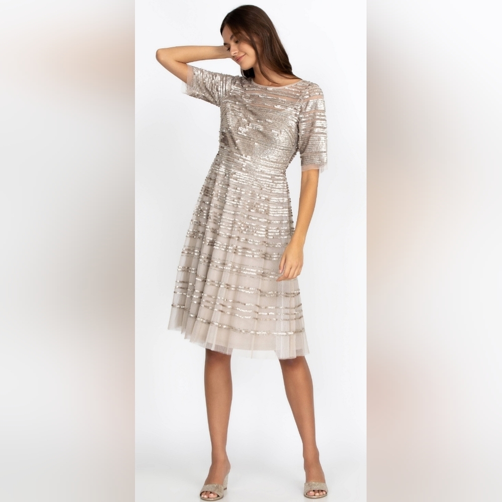 NWT Size 0 Johnny Was Champagne Beaded Sequin Midi Cocktail Dress